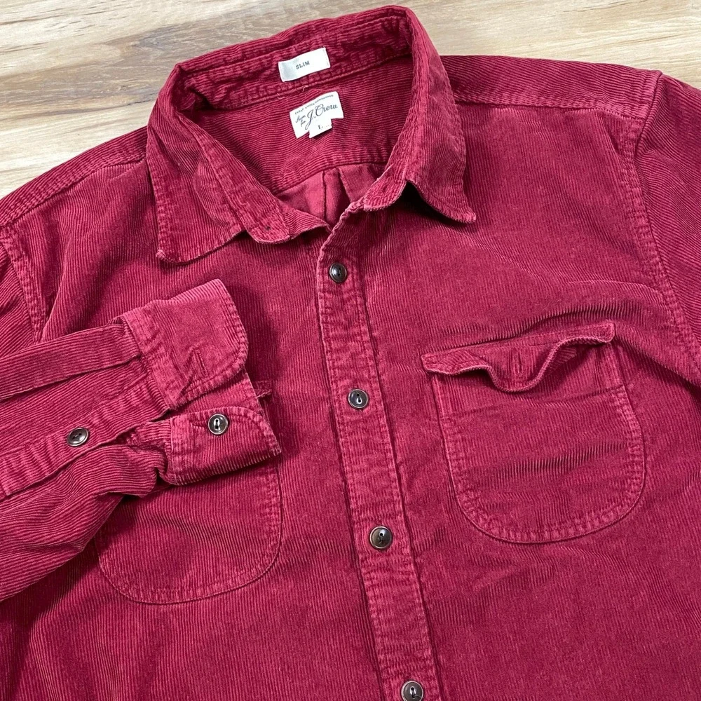 J. Crew Corduroy Work Shirt Mens L Slim Heritage Cotton Chest Pockets Burgundy